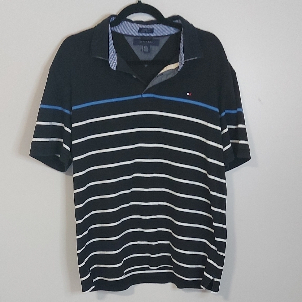 Tommy Hilfiger Black and Blue Striped Polo Shirt XL